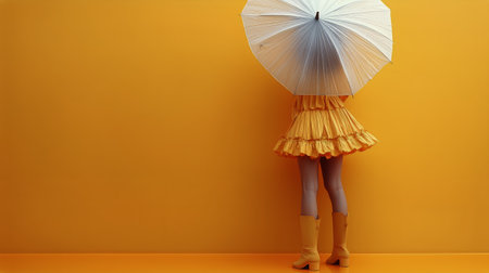 A person wearing a yellow ruffled dress and matching boots holds a white umbrella while standing alone against a vivid orange wall. A bright and cheerful atmosphere is created.の素材