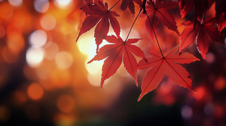 Bright red maple leaves hang delicately against a blurred warm background, capturing the essence of autumn in a serene outdoor environment.の素材
