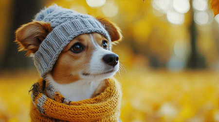 A corgi with a wool knit hat and scarf poses in a park as vibrant autumn leaves fall around. The playful dog gazes thoughtfully, capturing the spirit of the season.の素材