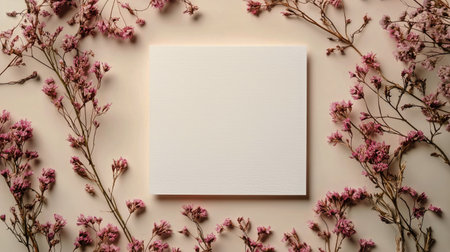 A blank canvas lies at the center, framed elegantly by small pink flowers, creating a serene and inspiring environment. Perfect for artistic pursuits and creativity.の素材