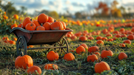 Bright orange pumpkins fill a sunny field during autumn. A wheelbarrow holds several pumpkins, surrounded by lush greenery and fallen leaves.の素材