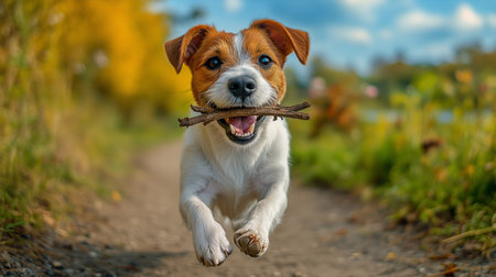 A small dog joyfully leaps along a park path, holding a stick in its mouth. The landscape features vibrant autumn leaves and soft sunlight filtering through the trees.の素材