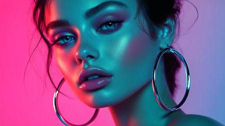 A model poses with striking makeup and hoop earrings, surrounded by colorful lighting that enhances her features, creating a captivating atmosphere in a studio setting.の素材