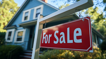 A blue house with a for sale sign stands in a peaceful residential area. Lush greenery and a neat lawn add to the inviting atmosphere on a sunny day.の素材