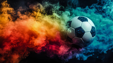 A soccer ball is shown moving through a swirl of colorful smoke, creating an energetic atmosphere. The vivid hues blend seamlessly around the ball, enhancing the sense of motion.の素材