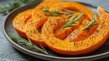 Golden pumpkin slices are arranged neatly on a dark plate, seasoned with herbs and spices, creating an appealing dish perfect for autumn gatherings or festive meals.の素材