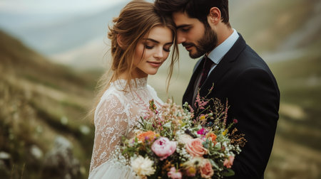 A couple stands closely together in an outdoor location, surrounded by natures beauty. The bride holds a vibrant bouquet while sharing a tender moment with her partner.の素材
