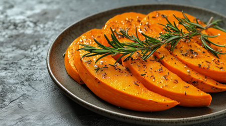 Golden pumpkin slices are arranged neatly on a dark plate, seasoned with herbs and spices, creating an appealing dish perfect for autumn gatherings or festive meals.の素材