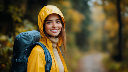A cheerful woman wearing a yellow raincoat and carrying a backpack smiles while walking along a forest path lined with colorful autumn leaves.の素材