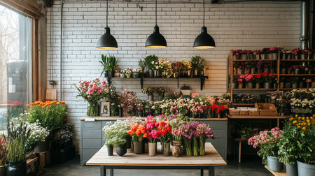 A flower shop features vibrant arrangements of flowers on shelves and tables. The cozy space is illuminated by hanging lights, creating an inviting atmosphere for shoppers.の素材