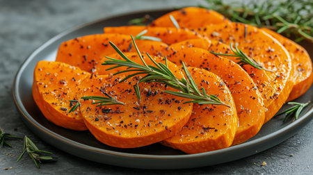 Sliced butternut squash is arranged on a dark plate, sprinkled with black pepper and garnished with fresh rosemary. This nutritious dish offers a vibrant and colorful display.の素材