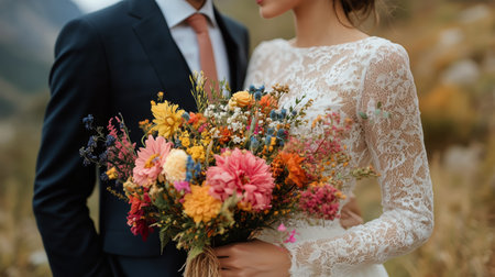 A couple stands close together in a picturesque autumn setting, surrounded by nature. The bride holds a vibrant bouquet filled with colorful flowers, while the groom wears a stylish suit.の素材