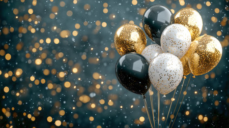 Colorful balloons in black, gold, and white with confetti sparkle against a blurred background filled with warm lights, perfect for a festive celebration atmosphere.の素材