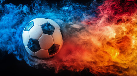 A soccer ball is shown moving through a swirl of colorful smoke, creating an energetic atmosphere. The vivid hues blend seamlessly around the ball, enhancing the sense of motion.の素材