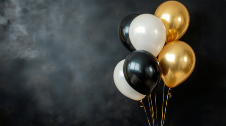 Colorful balloons in black, gold, and white with confetti sparkle against a blurred background filled with warm lights, perfect for a festive celebration atmosphere.の素材