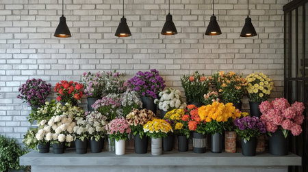 A flower shop features vibrant arrangements of flowers on shelves and tables. The cozy space is illuminated by hanging lights, creating an inviting atmosphere for shoppers.の素材