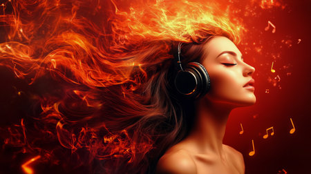 A woman enjoys music with headphones while fiery elements swirl around her, embodying a sense of passion and energy. Her expression reflects deep immersion in the rhythm.の素材