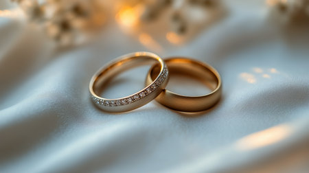 Two elegant golden wedding rings rest together on smooth, cream-colored fabric, symbolizing unity and partnership during a romantic moment.の素材