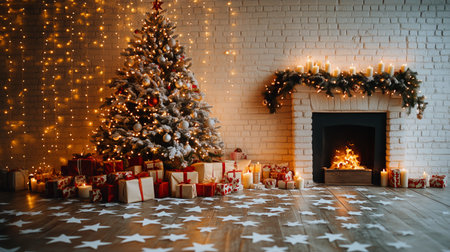 A beautifully decorated Christmas tree stands beside a warm fireplace filled with glowing candles. Gifts are wrapped and placed under the tree, adding to the holiday cheer.の素材