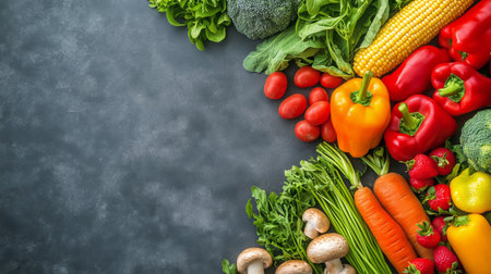 An array of colorful vegetables, including broccoli, tomatoes, corn, and peppers, is arranged neatly on a dark surface. Fresh greens add to the vibrant display.の素材