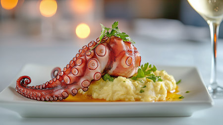 Succulent octopus is elegantly plated on creamy mashed potatoes, garnished with fresh herbs, showing culinary artistry and flavor.の素材