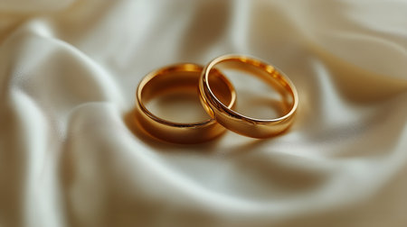 Two elegant golden wedding rings rest together on smooth, cream-colored fabric, symbolizing unity and partnership during a romantic moment.の素材