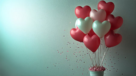 Colorful heart-shaped balloons in shades of red, pink, and white are arranged in a pot filled with confetti, creating a cheerful atmosphere perfect for a celebration or event.の素材