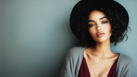 A woman with curly hair and striking features poses confidently, wearing a stylish hat. The neutral background enhances her elegant appearance and expressive gaze.の素材