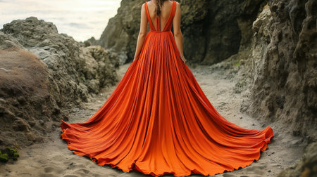 A woman wearing a vibrant orange dress stands on a rocky beach. The sun sets in the background, casting a warm glow on the landscape. Waves gently lap against the shore.の素材