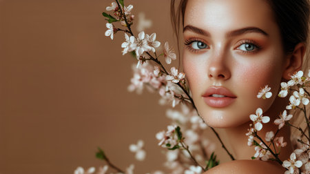 A young woman poses gracefully against a soft brown backdrop. Delicate white flowers frame her face, enhancing her radiant skin and natural beauty.の素材