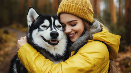 A woman wearing a yellow jacket and a knitted hat joyfully embraces her husky dog in a vibrant forest filled with autumn leaves, creating a warm and happy moment together.の素材
