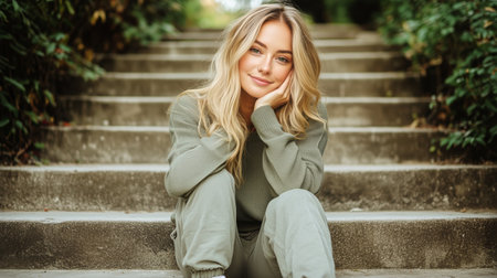 A young woman is seated on stone steps, resting her chin on her hand with a smile. She wears a cozy sweater and relaxed pants, surrounded by lush greenery, capturing a serene moment.の素材