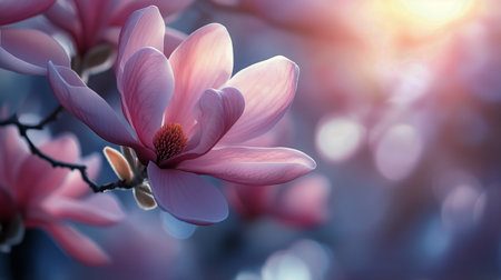 Magnolia flowers display vibrant pink petals while basking in the warm glow of the setting sun at a peaceful garden in springtime.の素材