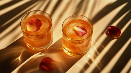 Two elegant cocktails sit on a sunlit table, adorned with delicate rose petals. The warm summer afternoon enhances the tranquil atmosphere, making it perfect for relaxation.の素材