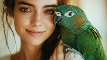 A young woman smiles while cuddling a vibrant green parrot against her shoulder in a warm, inviting indoor setting. The bond between them showcases a unique friendship.の素材