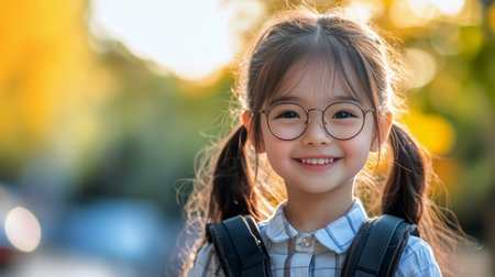 Young girl wearing glasses and a backpack smiles brightly as the sun sets in the background, casting a warm glow in the autumn park. The leaves surrounding her are vibrant and colorful.の素材