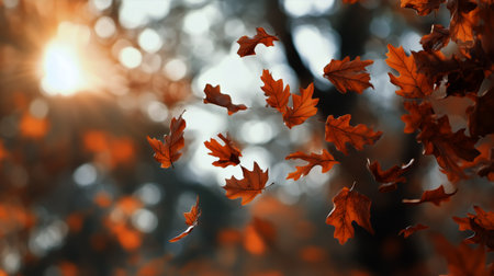 Golden and red leaves float gracefully in the air as sunlight streams through trees during a calm autumn afternoon, creating a warm and peaceful atmosphere in the forest.の素材