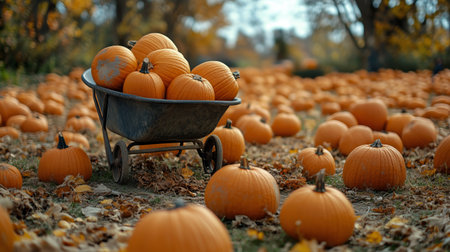 Bright orange pumpkins fill a sunny field during autumn. A wheelbarrow holds several pumpkins, surrounded by lush greenery and fallen leaves.の素材
