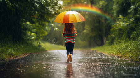 A child wearing a colorful striped sweater runs joyfully through puddles on a wet path, holding a yellow umbrella under a vibrant rainbow in a lush green setting.の素材