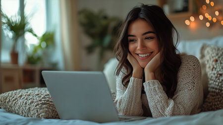 A young woman relaxes in a cozy room, smiling as she engages in an online activity. The soft lighting creates a warm, inviting atmosphere in the evening.の素材