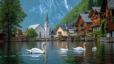 Swans glide across the tranquil waters of a picturesque village surrounded by mountains and quaint wooden houses.の素材