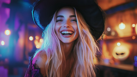 A young woman in a witch hat smiles joyfully at a vibrant Halloween party, filled with colorful lights, decorations, and a lively celebration.の素材