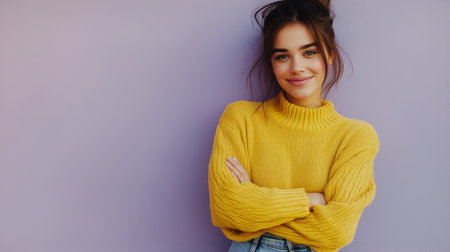 A young woman smiles while crossing her arms, wearing a cozy yellow sweater. The backdrop features a soft purple wall, creating a vibrant and cheerful atmosphere.の素材