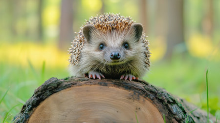 A hedgehog sits on a log in a vibrant green forest. Sunlight filters through trees, illuminating the curious creature as it explores its surroundings in the spring season.の素材