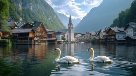 Two elegant swans glide across a tranquil lake surrounded by quaint alpine houses and a charming church under a bright blue sky with mountains in the background.の素材