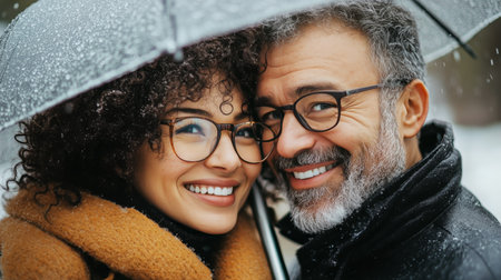 A couple stands close together, smiling brightly while sheltered under an umbrella. Snowflakes gently fall around them, creating a cozy atmosphere in the park.の素材