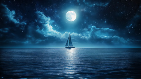 A sailboat glides over tranquil waters illuminated by a bright full moon. The night is filled with stars creating a serene and peaceful atmosphere on the ocean.の素材
