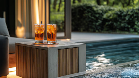 Two cocktails with ice sit on a stylish table beside a shimmering pool in a tranquil garden, inviting relaxation and enjoyment on a warm afternoon.の素材