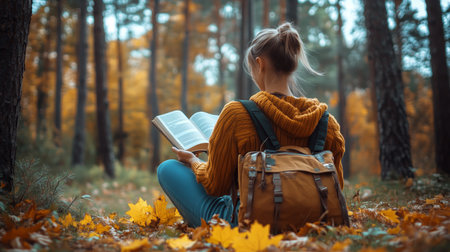 A young woman enjoys a quiet moment reading a book in a serene forest. The ground is layered with vibrant autumn leaves, creating a cozy atmosphere.の素材