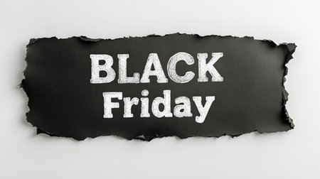 A torn piece of black paper displays the words Black Friday in bold letters, symbolizing the shopping frenzy during the major retail event that occurs annually after Thanksgiving.の素材